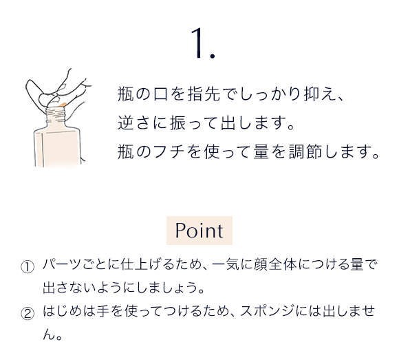 1 瓶の口を指先でしっかり抑え、逆さに振って出します。瓶のフチを使って量を調節します。